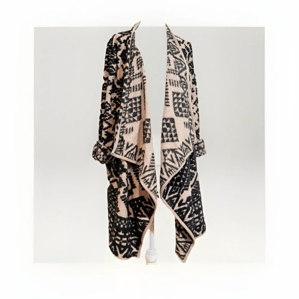 Lucky Brand Tribal Waterfall Cardigan | Grannycore Boho Knit | Neutral Layer - Picture 3 of 10